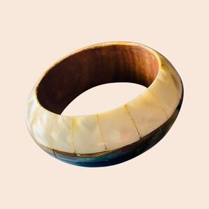 Vintage Wooden Bangle Bracelet, Abalone Brass & Wood
